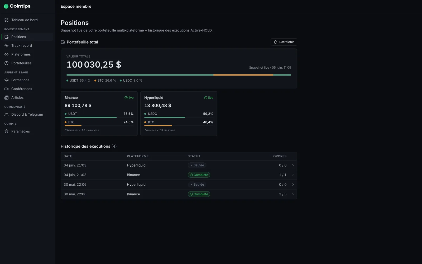 Cointips — Positions & exécutions